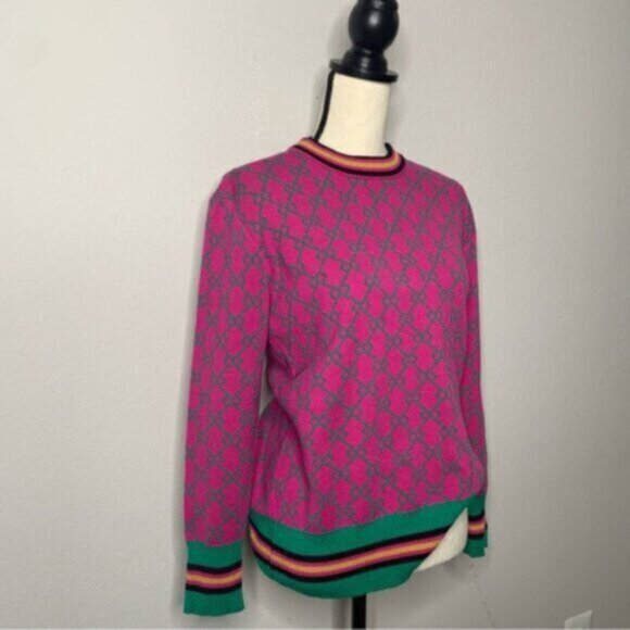 Vibrant Pink Geometric Pattern Sweater with Green Accents and Striped Trim - Picture 4 of 11